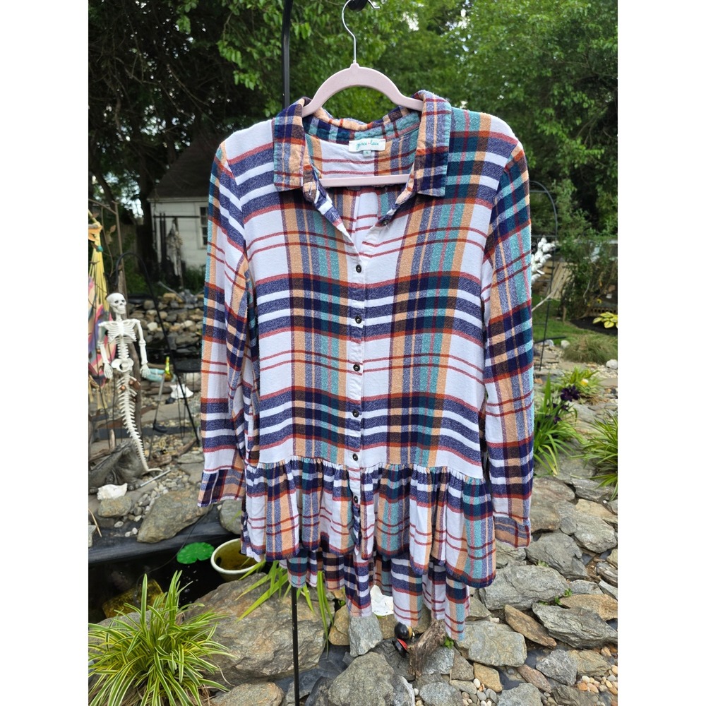 Grace & Lace Plaid Ruffle Peplum Button Front Top XL Multi Color Long Sleeve